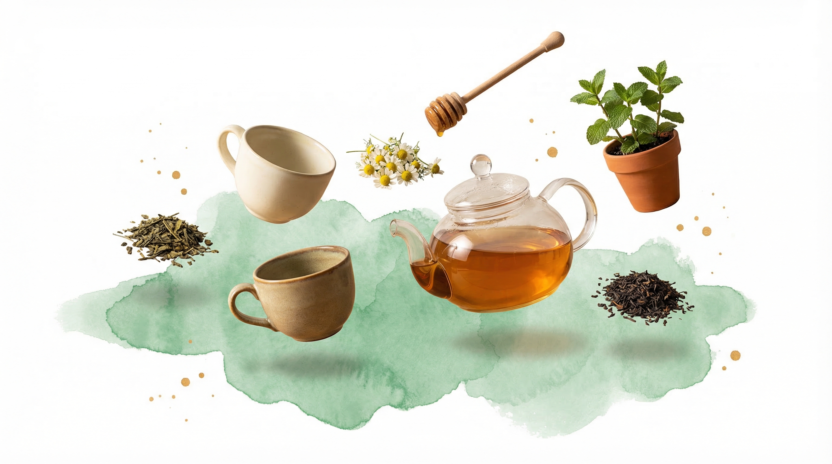 Tea service spread with teapot, cups, loose-leaf tea, and honey on green watercolor