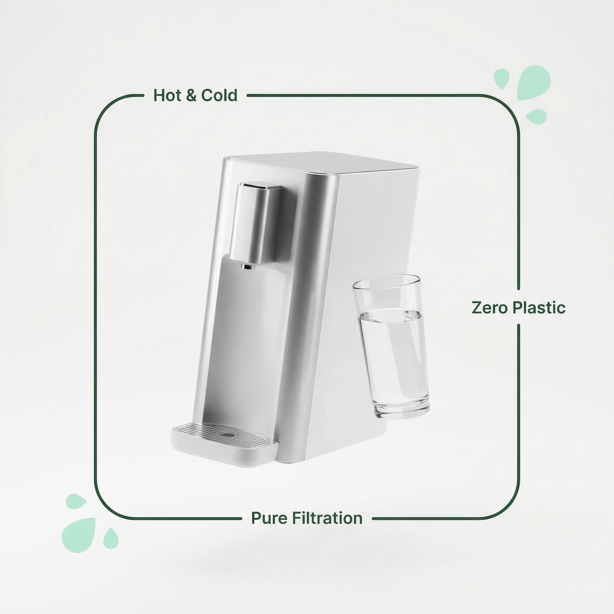 Bottleless water cooler with Hot & Cold, Zero Plastic, and Pure Filtration callouts
