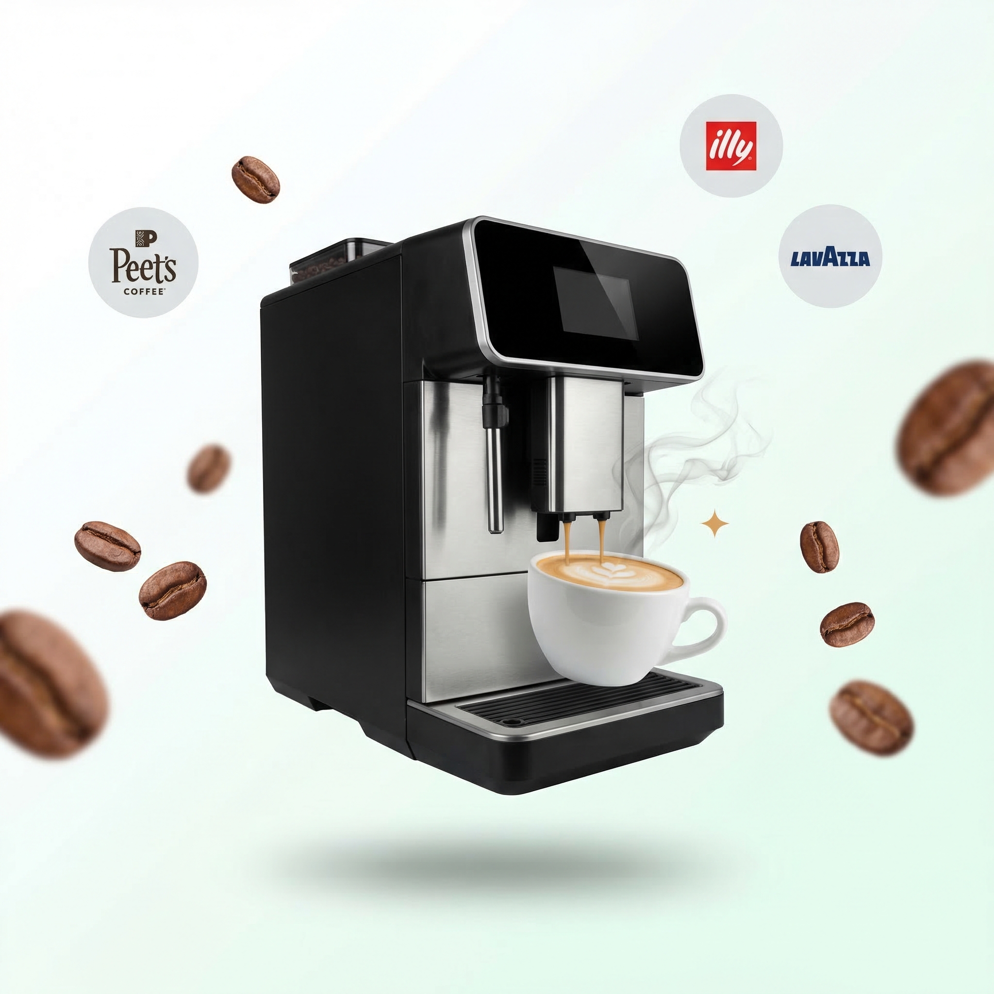 Bean-to-cup coffee machine with floating beans and Peet's, illy, Lavazza logos