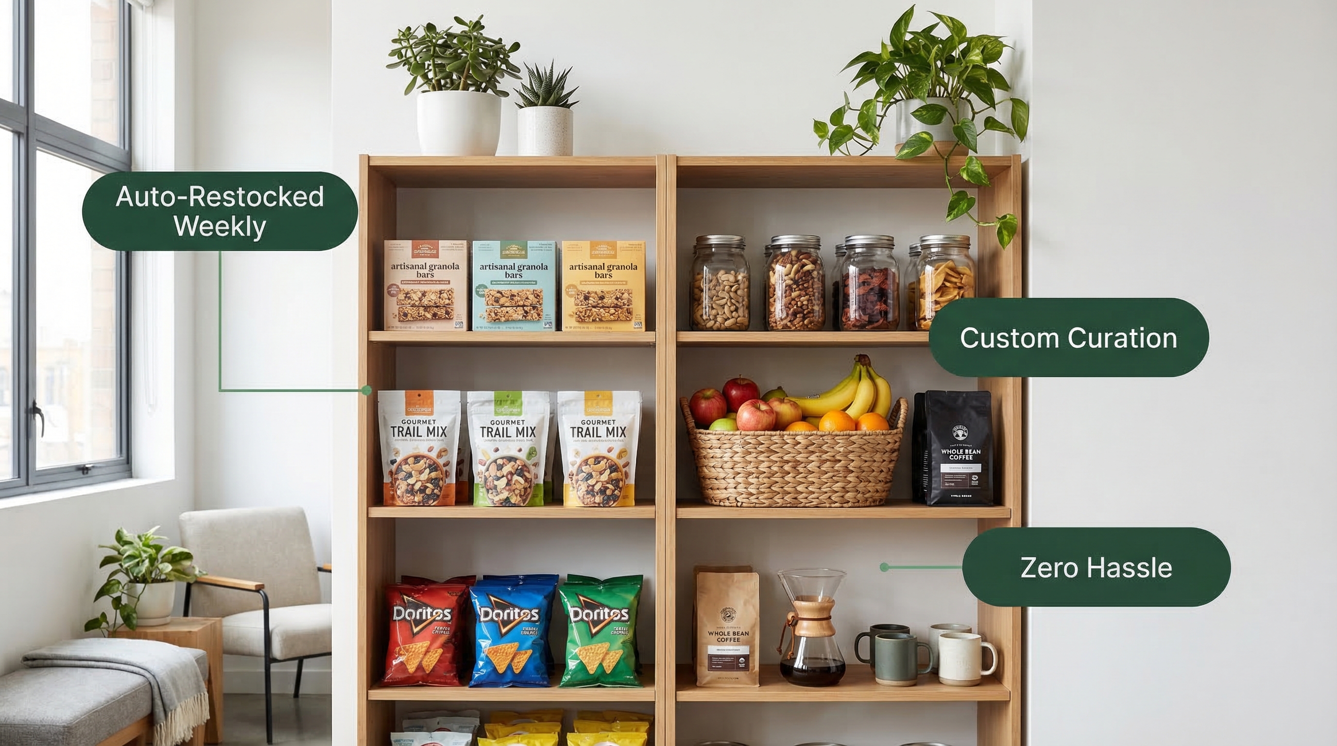 Beautifully organized office pantry shelves with Auto-Restocked, Custom Curation, and Zero Hassle callouts