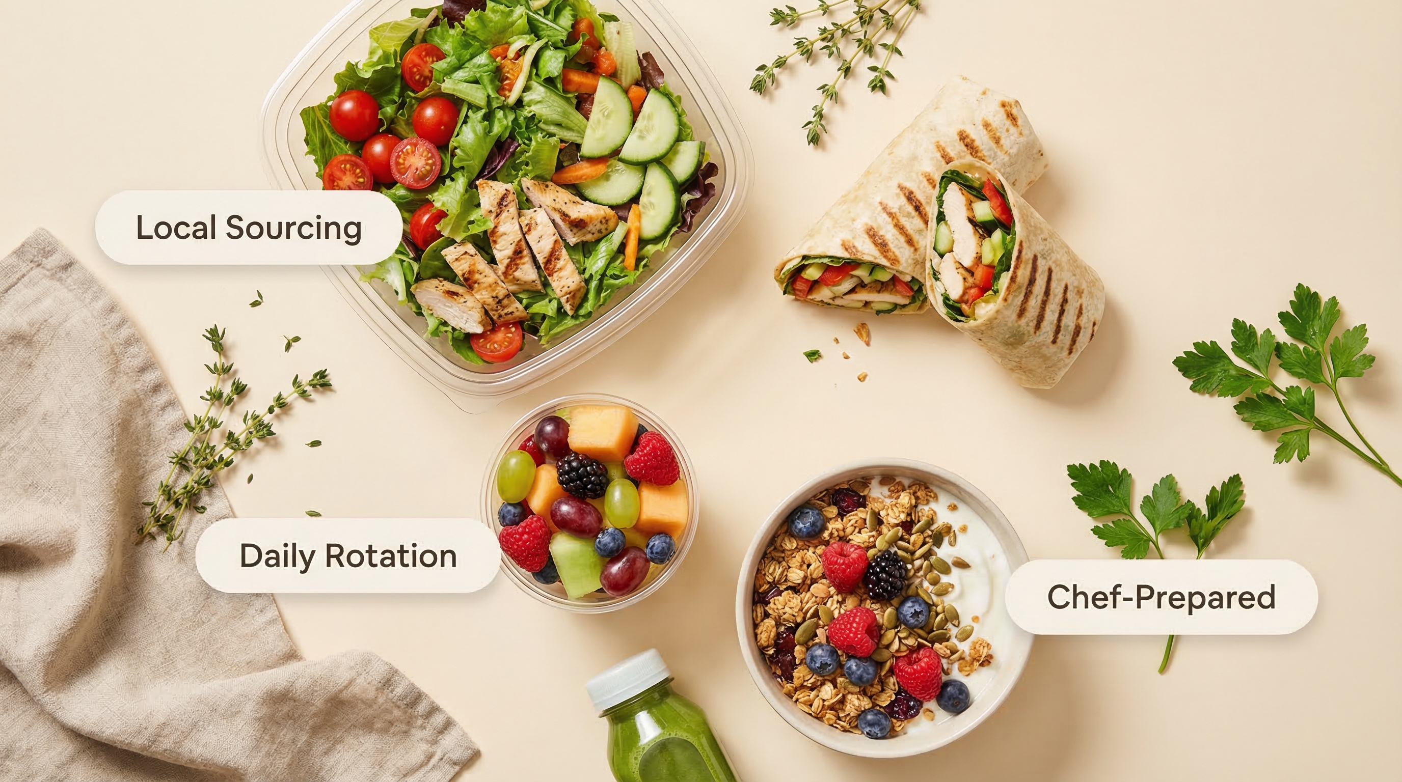 Fresh food flat-lay with salad, wrap, fruit cup, and granola bowl