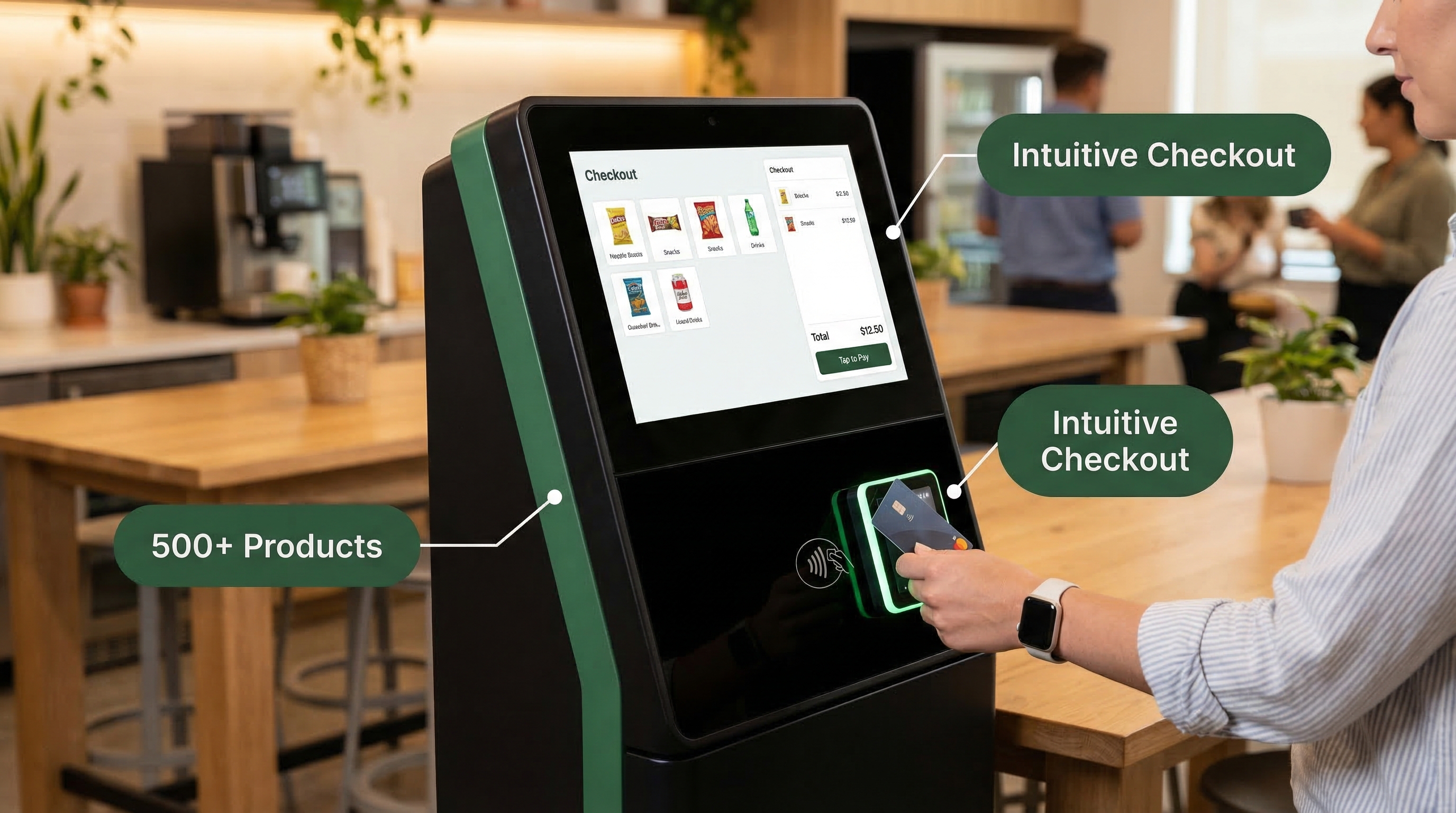 Self-checkout kiosk with Intuitive Checkout and 500+ Products callouts