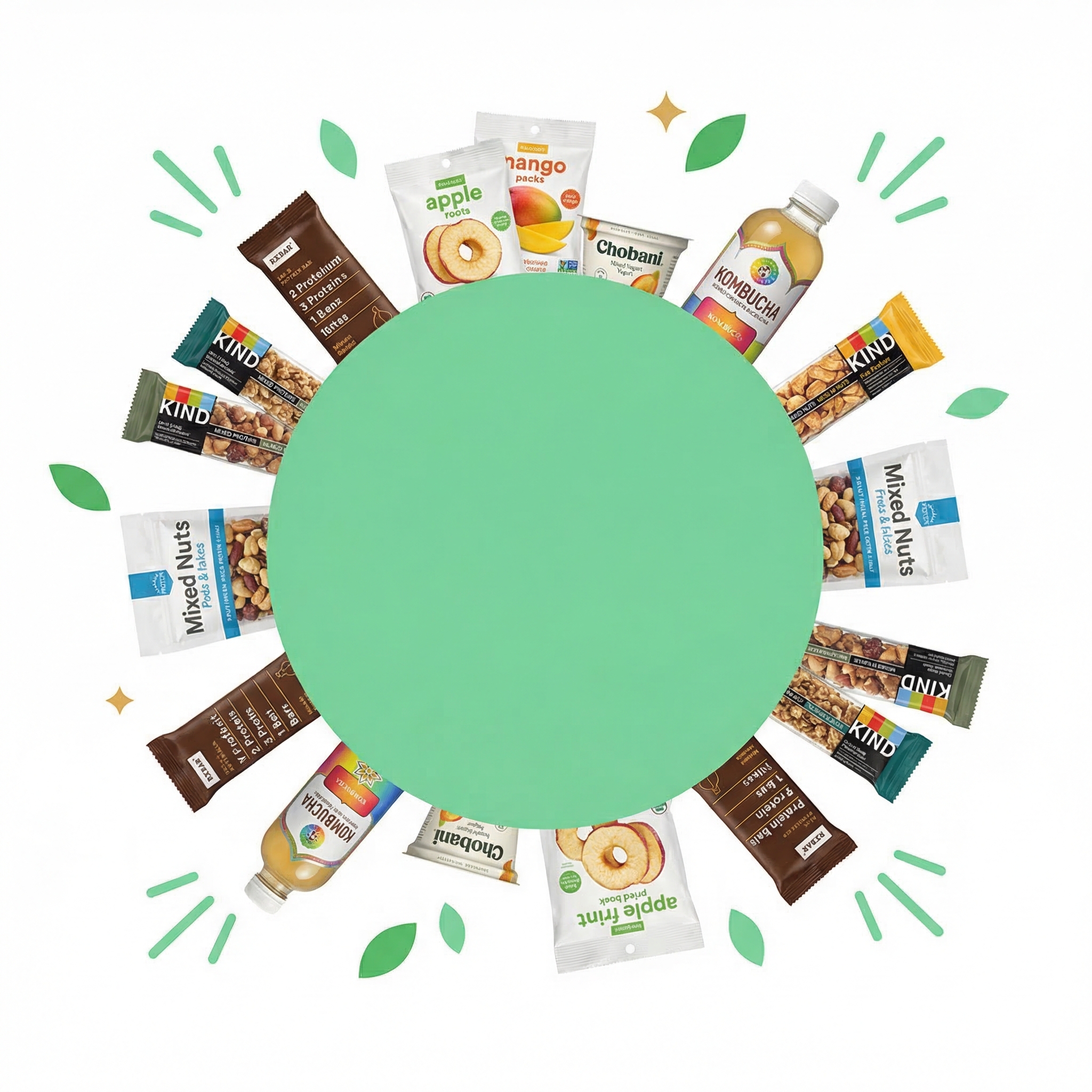 Healthy snacks burst — protein bars, kombucha, dried fruit radiating from green circle